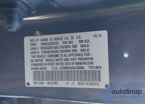 2013 Honda Cr-V Lx из США, поврежденный, VIN 3CZRM3H34DG704886